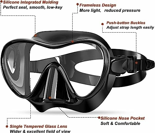 Black diving mask with silicone molding and frameless design.